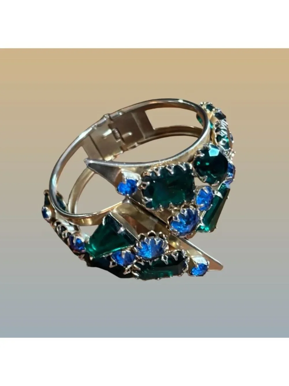 Gold Tone Hinged Bangle Green Blue Rhinestone Art Deco Statement Bracelet Vintag